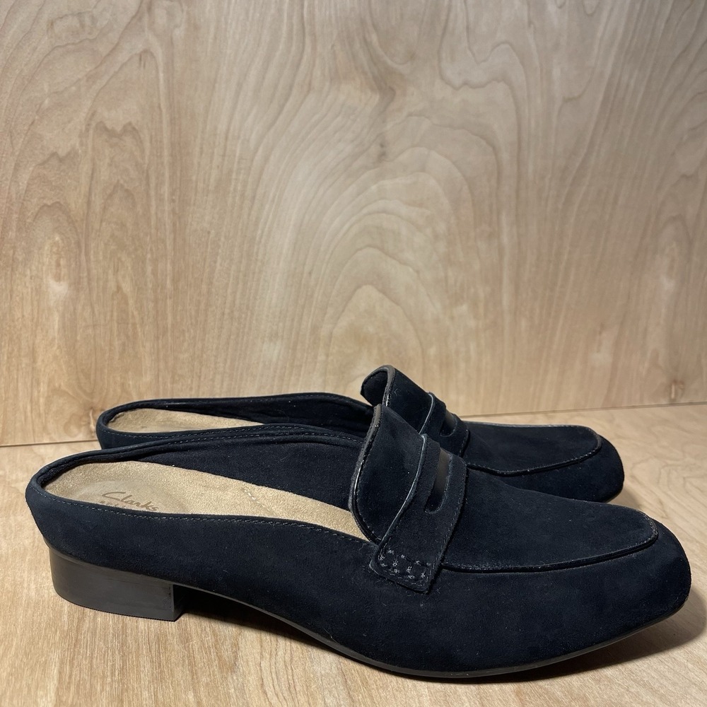 Clarks Black Suede Backless Loafers Mules